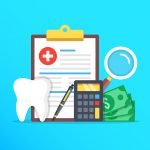 Dental insurance, dental care concept. Dental insurance form, tooth, calculator, pen, money, magnifier flat design graphic elements set. Vector illustration